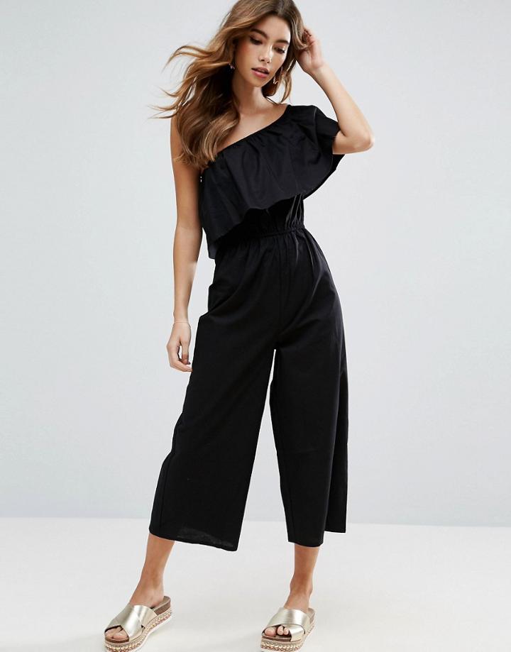 Asos One Shoulder Jumpsuit In Cotton - Black