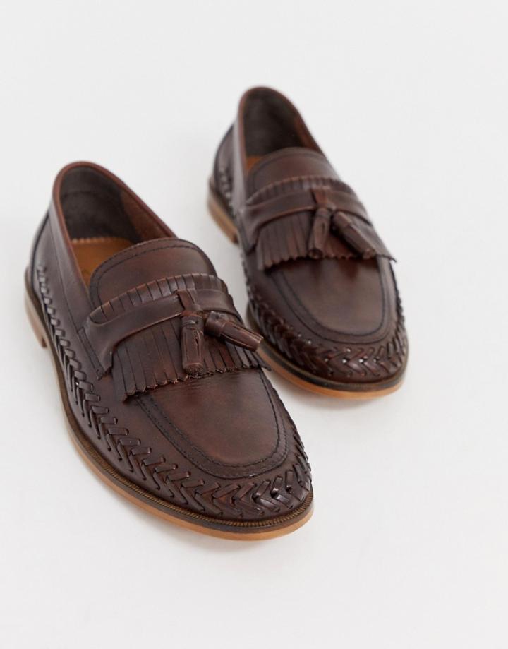Walk London Arrow Loafers In Brown Leather With Weave Detail - Brown
