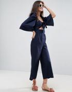 Asos Tie Front Bodice Jumpsuit With Flared Sleeve Detail - Navy
