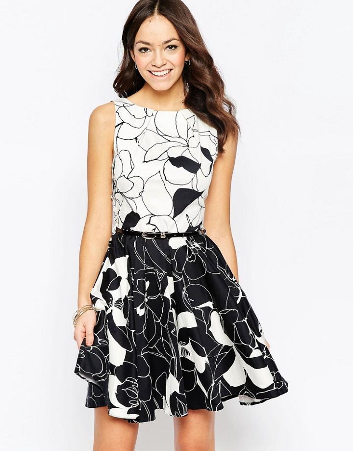 Closet Belted Skater Dress In Contrast Floral Print