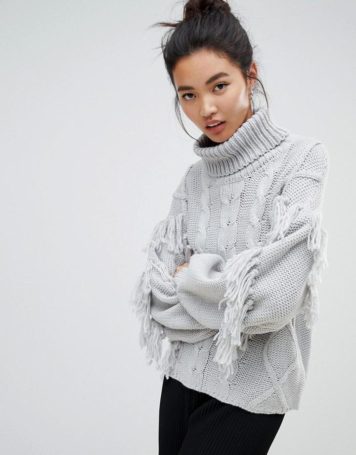 Neon Rose Relaxed Sweater With High Neck In Textured Tassel Knit - Gray