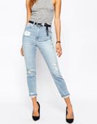Asos Farleigh Slim Mom Jeans In Forever Blue Wash With Rips - Forever Blue