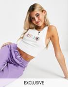 Reclaimed Vintage Inspired Ribbed Cropped Tank Top With Rainbow Embroidery In White