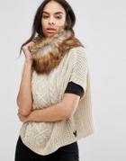 Lipsy Cable Knit Poncho With Faux Fur Trim - Beige