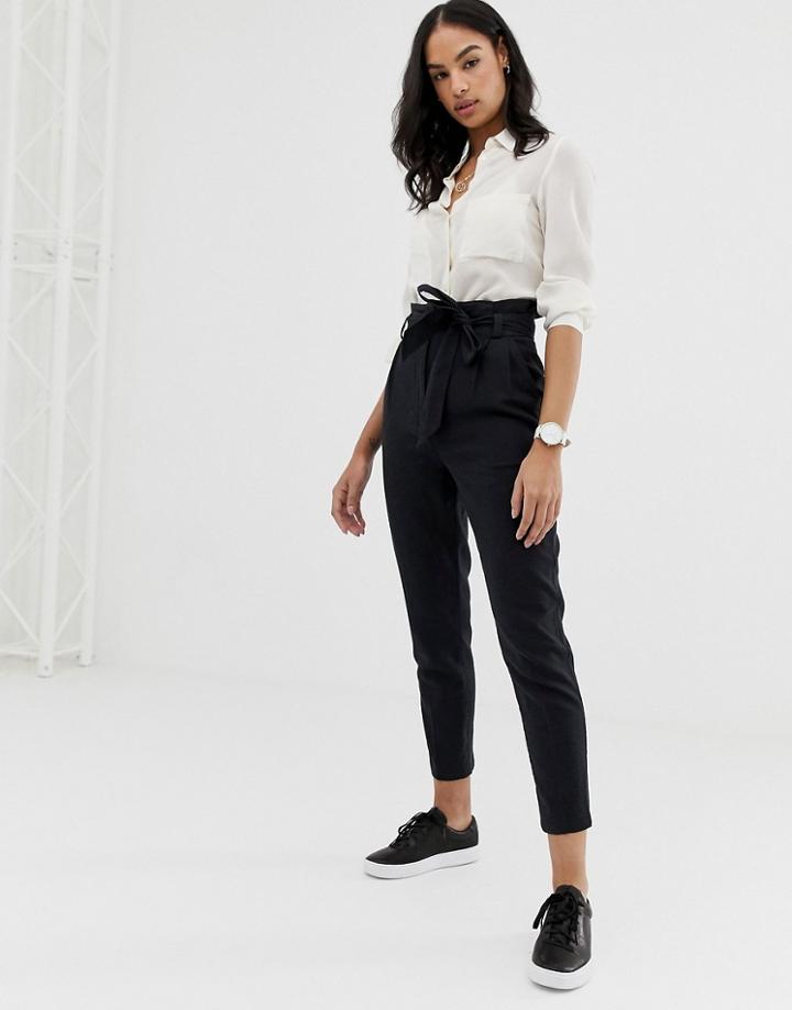 Asos Design Linen Tie Waist Tapered Peg Pants - Black