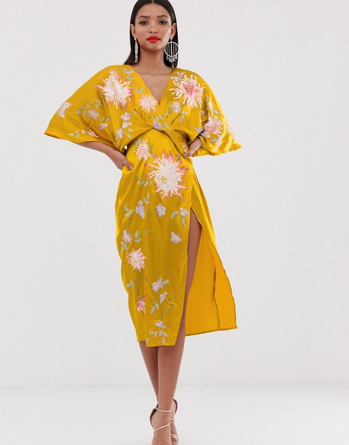 Asos Design Satin Kimono Midi Dress With Floral Embroidery - Gold