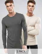 Asos 2 Pack Long Sleeve Extreme Muscle Fit T-shirt In Green Marl/beige Save - Multi