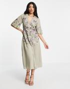 Hope & Ivy Adelaide Embroidered Midi Dress In Sage Green