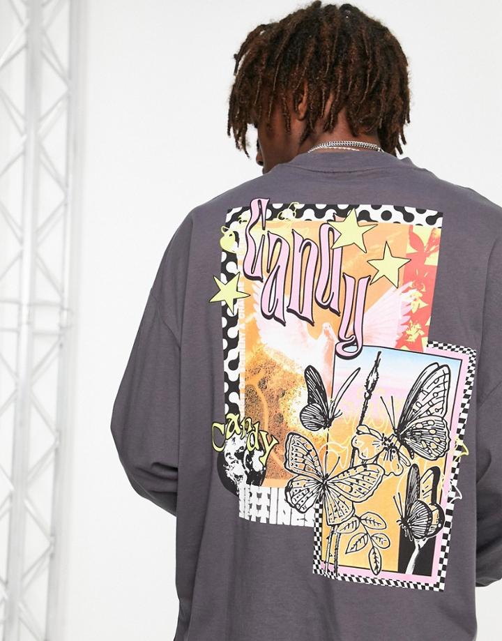 Asos Design Oversized Long Sleeve T-shirt In Gray With Photographic Back Print-grey