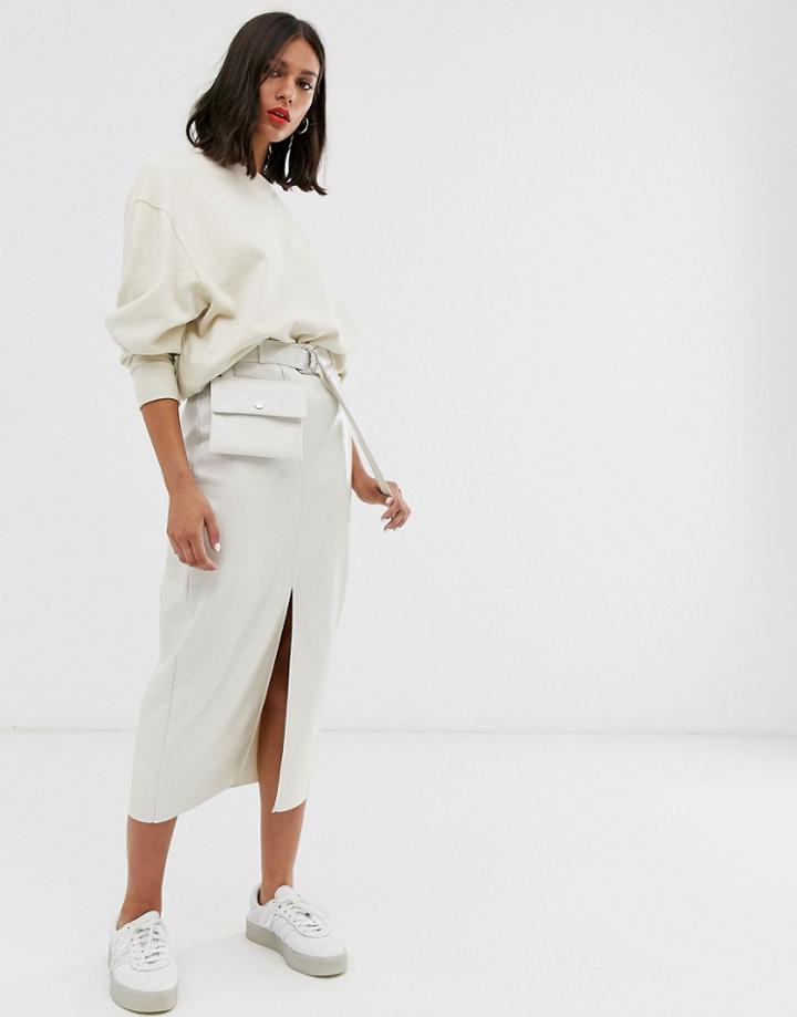 Asos Design Vinyl Pencil Skirt With Belt Bag-cream