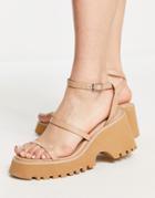 Asos Design Trip Triple Strap Chunky Cleated Sandals In Beige-neutral