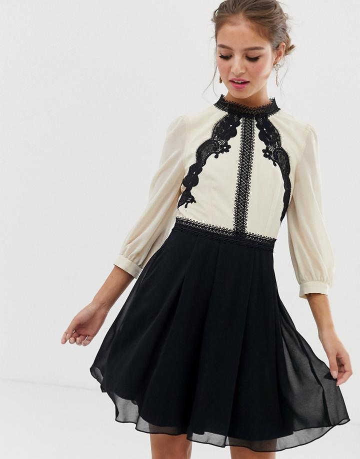 Little Mistress Contrast Lace Detail Skater Dress In Multi