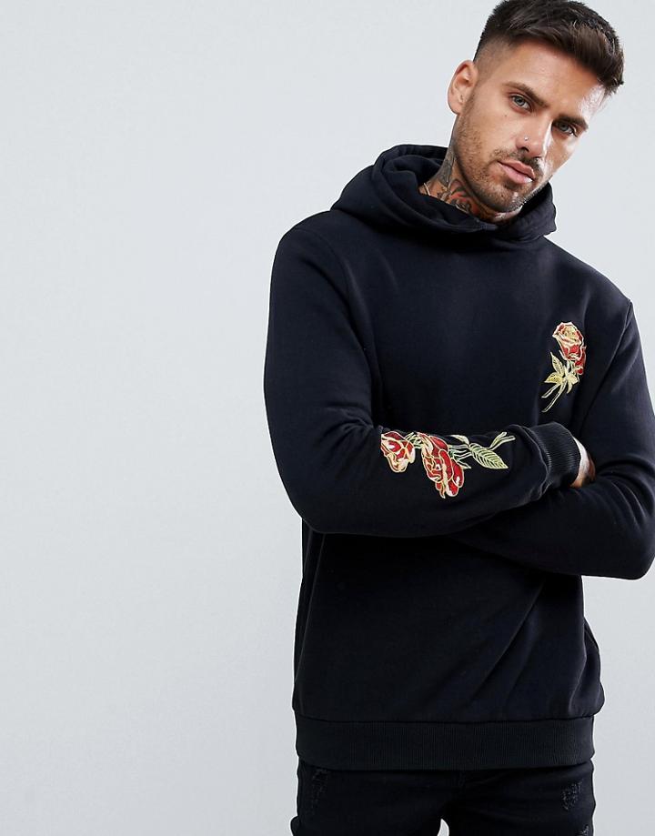 Pull & Bear Hoodie With Rose Embroidery In Black - Black