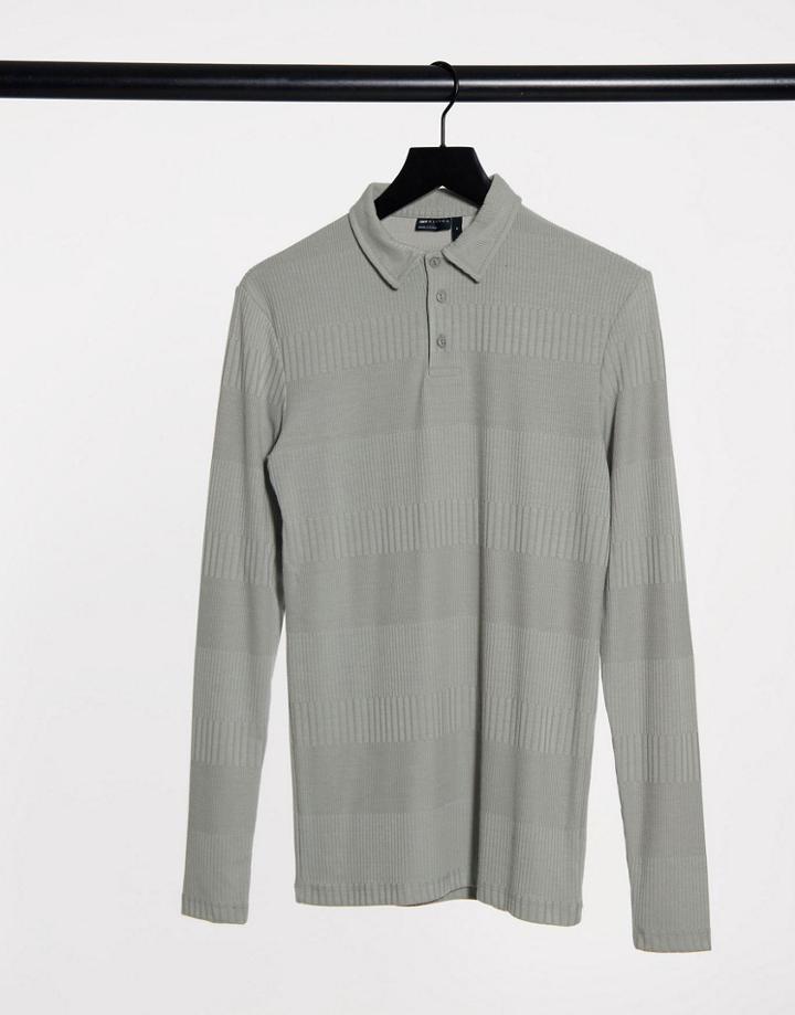 Asos Design Muscle Fit Long Sleeve Polo In Fancy Rib In Gray-grey