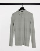 Asos Design Muscle Fit Long Sleeve Polo In Fancy Rib In Gray-grey
