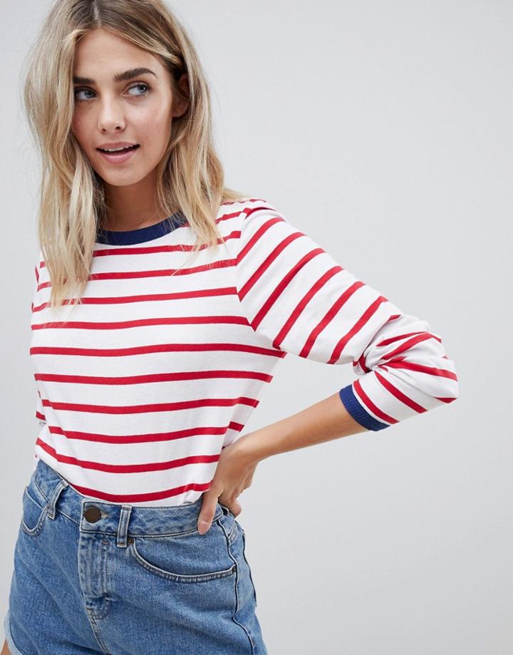 Brave Soul Eloise Long Sleeve T Shirt In Stripe - Red