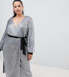 Little Mistress Plus Sequin Velvet Contrast Wrap Front Midi Dress With Belt Detail In Silver