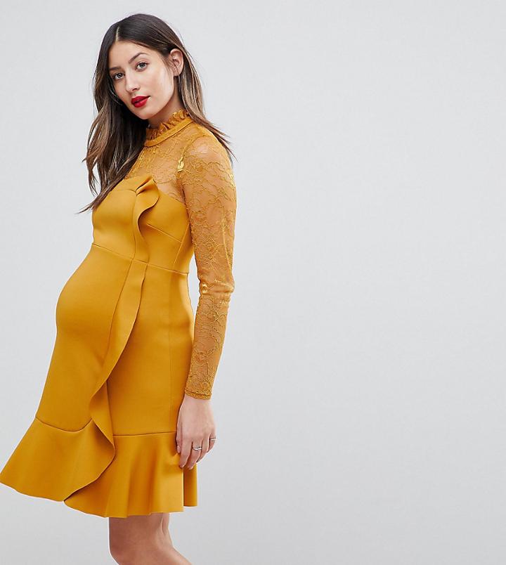 Asos Maternity Delicate Lace & Scuba Ruffle Shift Mini Dress - Yellow