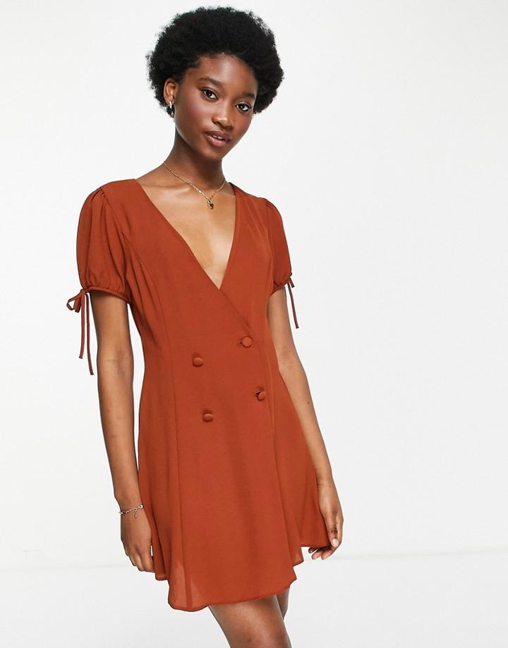 Asos Design Double Breasted Mini Tea Dress In Rust-brown