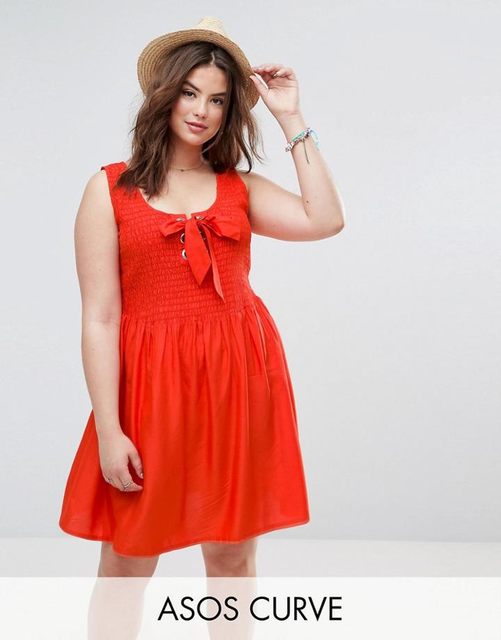 Asos Curve Shirred Sundress With Eyelet Detail - Orange