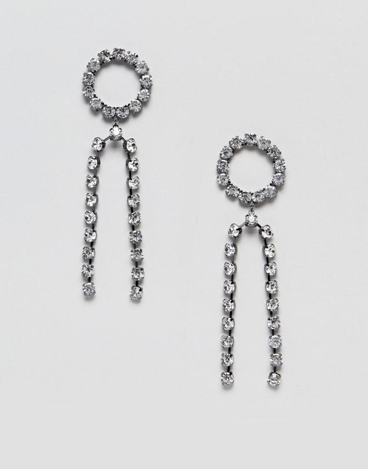 Asos Design Earrings With Open Circle Shape And Strands In Crystal - Silver