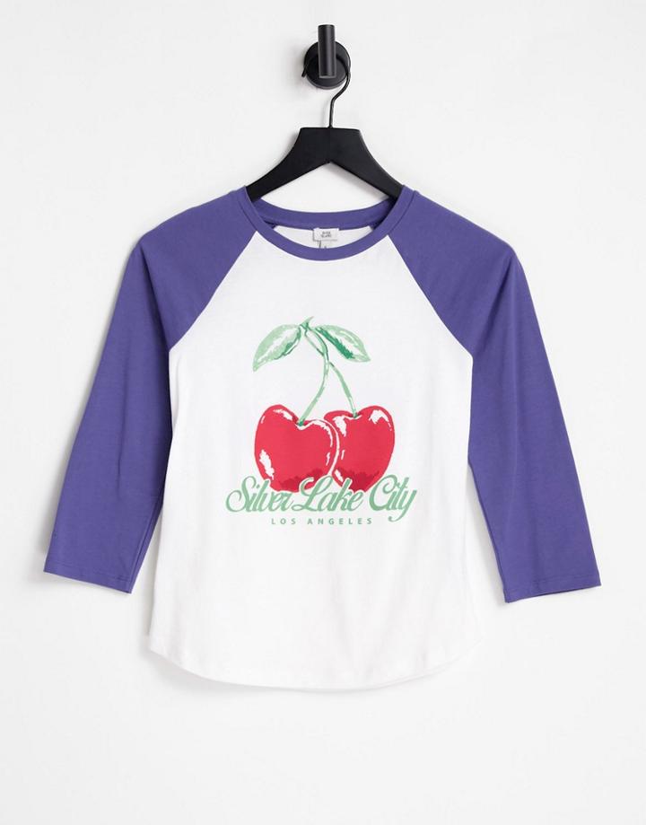 River Island Cherry Graphic Raglan Tee In Navy