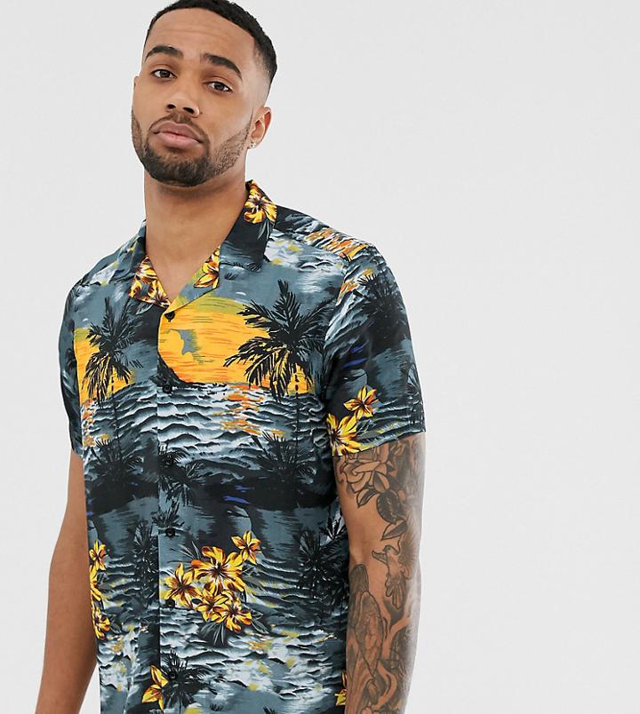 Jacamo Revere Collar Shirt With Tropical Print-black