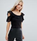Asos Petite Top In Rib With Lace Off Shoulder Trim-black