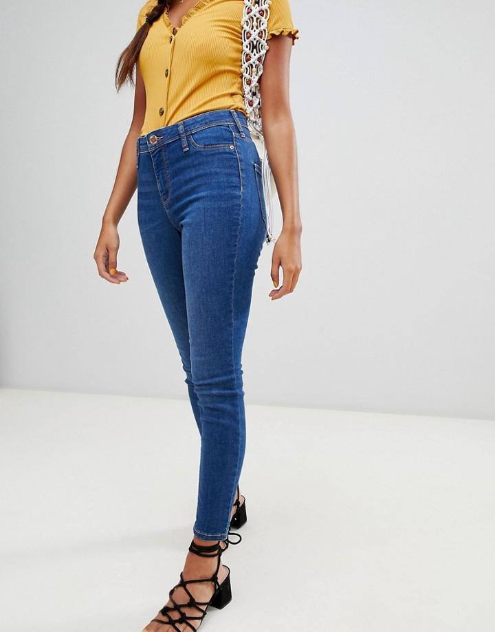 Miss Selfridge High Waist Skinny Jeggings In Mid Wash - Blue