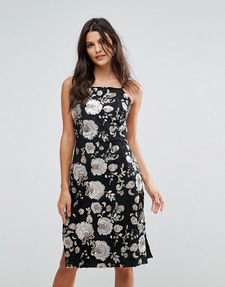 Goldie Sage Metalic Floral Romance Sequin On Mesh Fitted Midi Dress With Adjustable Straps - Multi