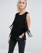 See U Soon Top With Fringe Detail - Black