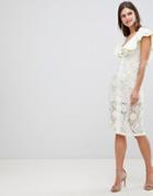 Asos Design Scuba Frill Sleeve 3d Lace Dress - Cream