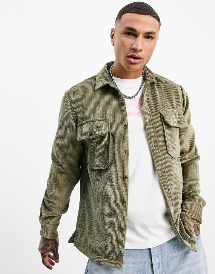 Topman Relaxed Cord Shirt In Khaki-green