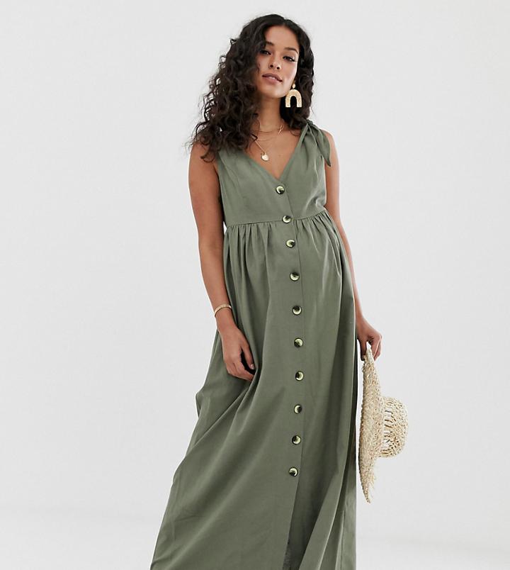 Asos Design Maternity Button Through Smock Maxi Dress-green