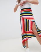 Asos Design Asymmetric Hem Midi Skirt In Rainbow Stripe Print-multi