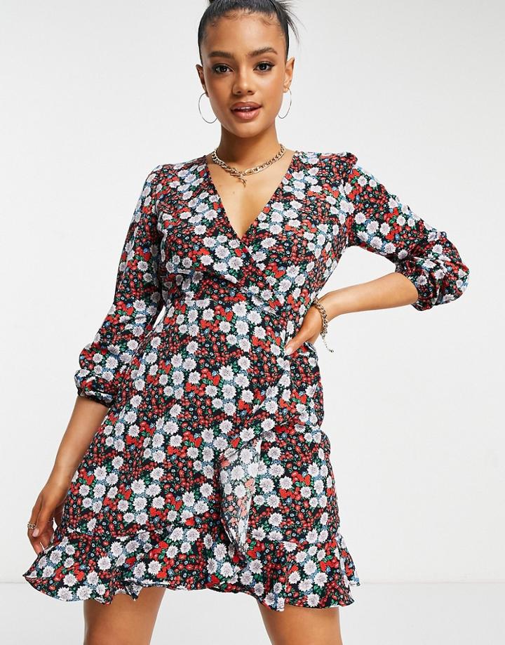 Ax Paris Long Sleeve Ruffle Wrap Dress In Retro Floral-multi