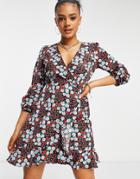 Ax Paris Long Sleeve Ruffle Wrap Dress In Retro Floral-multi