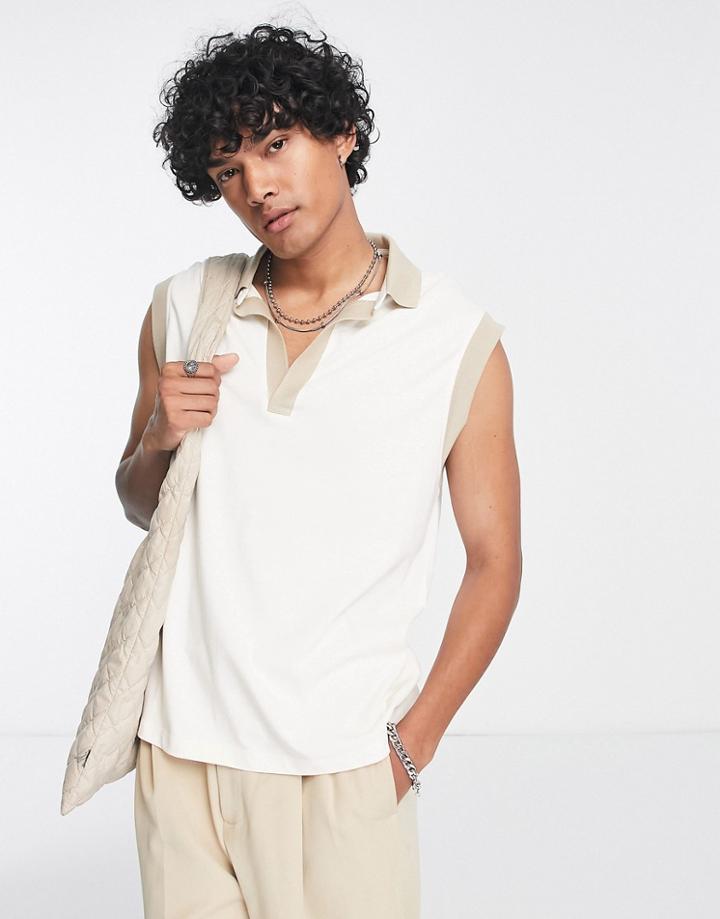 Asos Design Relaxed Sleeveless Polo In Cream With Ribbed Beige Trims-white