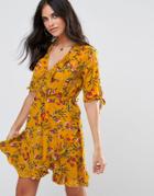 Influence Floral Wrap Dress With Tie Sleeve And Ruffle - Yellow