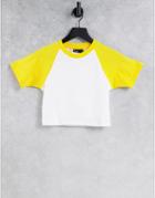 Asos Design Fitted Crop Top With Contrast Raglan Sleeves In White And Yellow