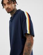 Asos Design Oversized Revere Polo Shirt With Rainbow Taping In Navy