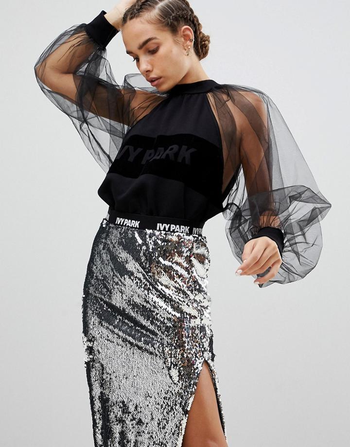 Ivy Park Blouson Mesh Sleeve Sweatshirt In Black - Black