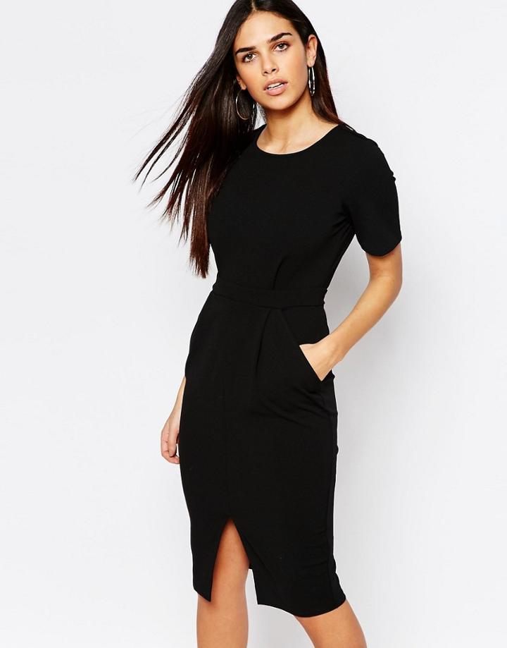 Warehouse Split Front Pencil Dress - Black