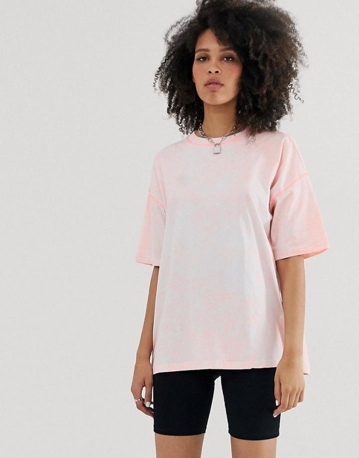 Asos Design Oversized T-shirt In Acid Wash With Contrast Stitching-pink