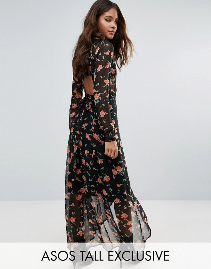 Asos Tall Maxi Dress In Pretty Floral With Open Back - Blue