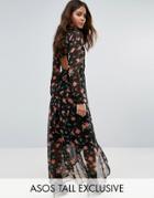 Asos Tall Maxi Dress In Pretty Floral With Open Back - Blue