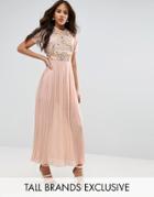 Frock And Frill Tall Premium Embellished Top Maxi Dress With Pleated Skirt - Pink