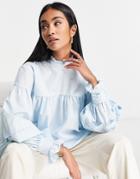 Asos Design Frill High Neck Smock Top With Pleat Volume Sleeve In Light Blue