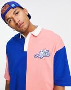 Asos Design Oversized Polo T-shirt In Blue & Pink Color Block With Chest Print-multi