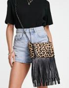 River Island Leopard Fringed Cross Body Bag In Brown